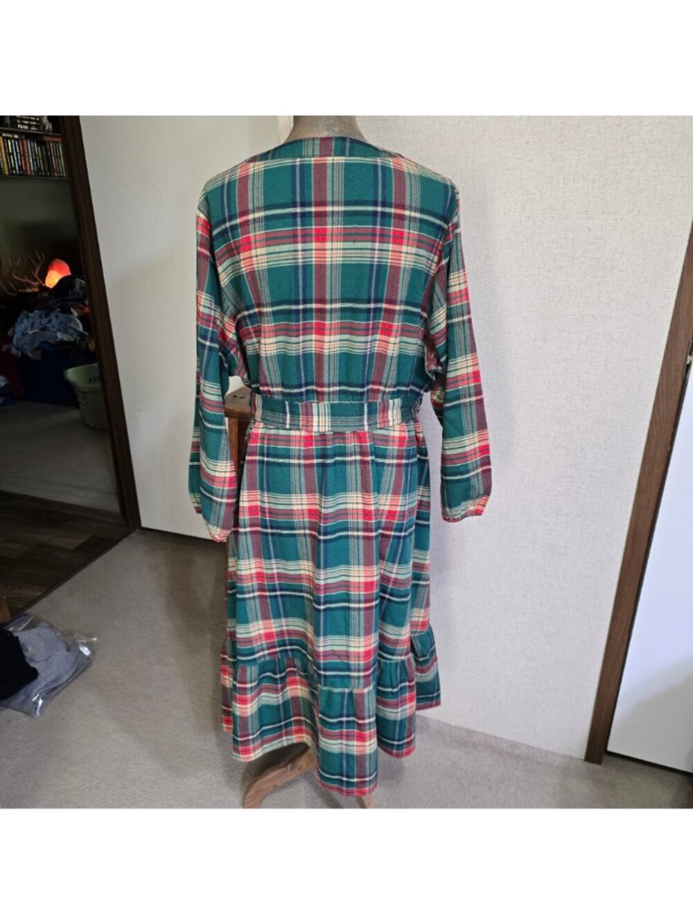 Bloomchic Size 22 24 Plaid Flannel V Neck Belted Long Sleeve Tiered Midi Dress - Picture 4 of 7